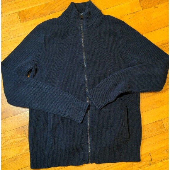 Express Men's Navy Blue Knitted L/S Full-Zip Sweater Sz L Long Tall Cotton Blend - Picture 1 of 8
